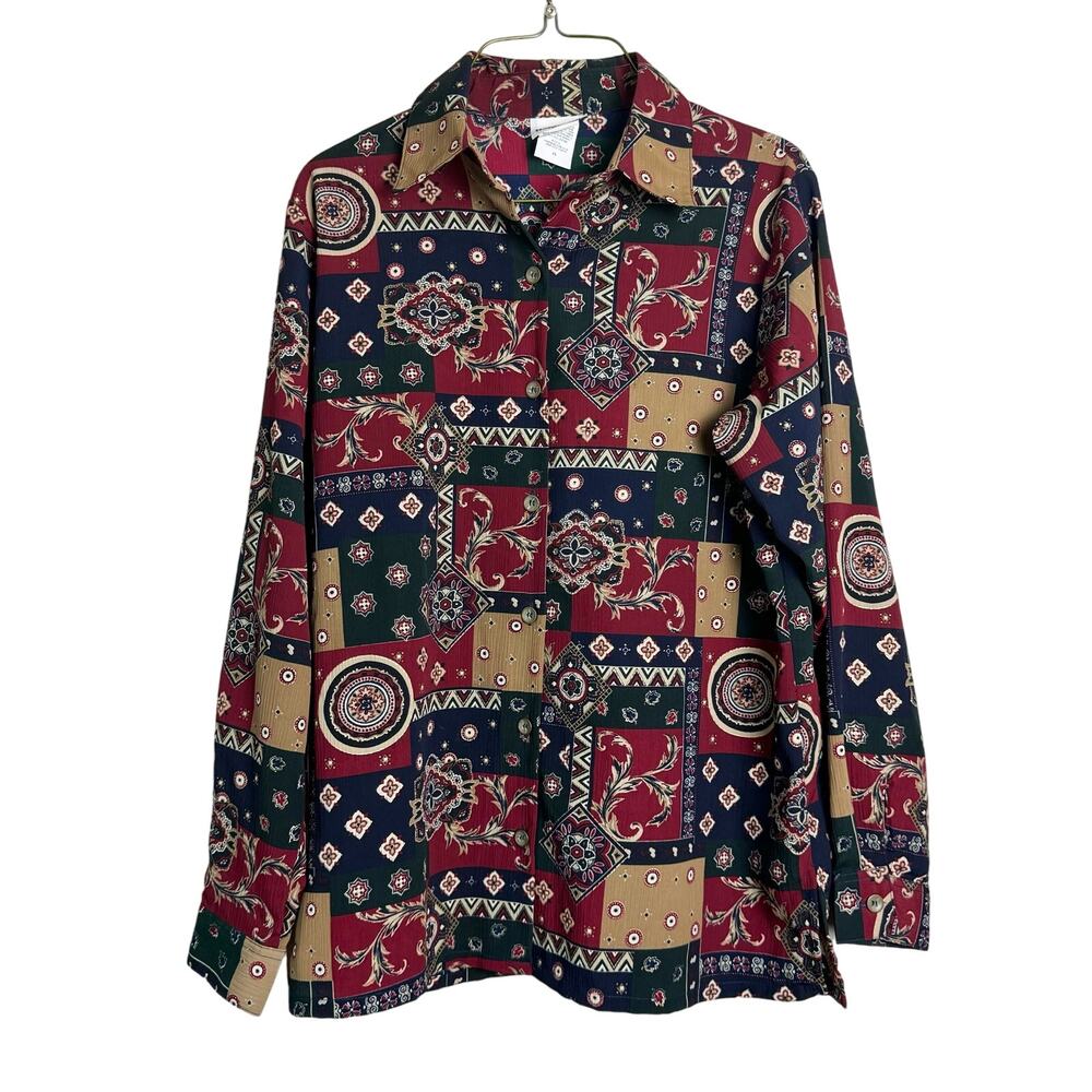 BonWorth Red Green Tan jewel tone Block abstract floral print blouse Size MEDIUM